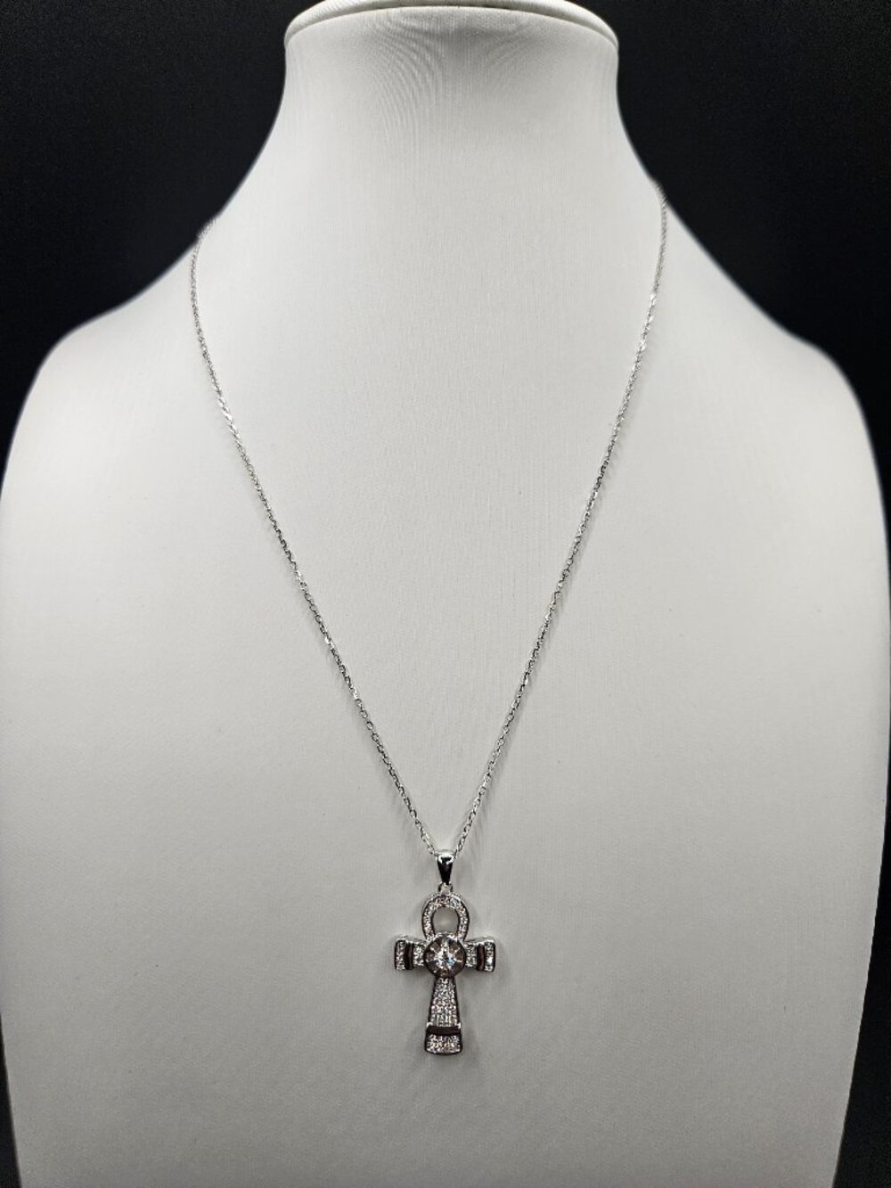 925 Sterling Silver Moissanite 1.50ctw Ankh Cross Necklace 18"
